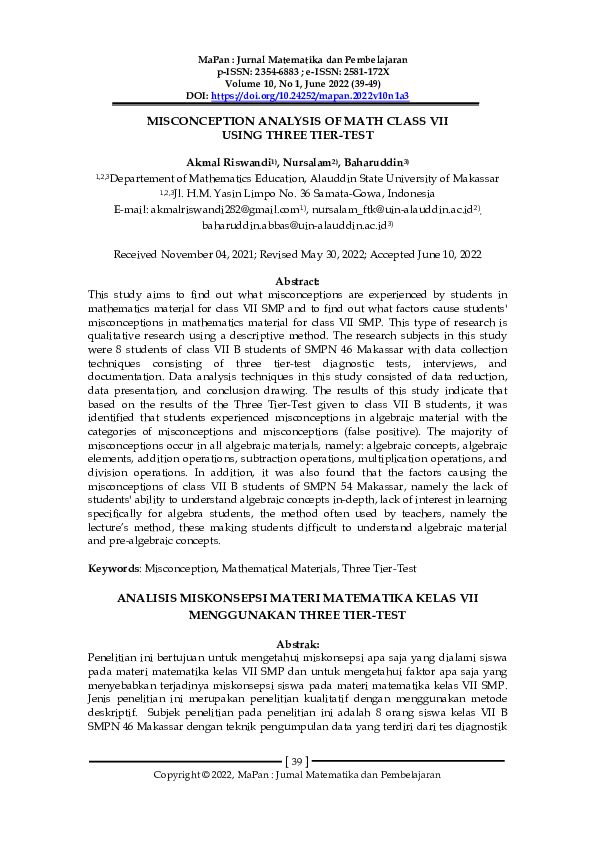 (PDF) Misconception Analysis of Math Class VII Using Three Tier-Test