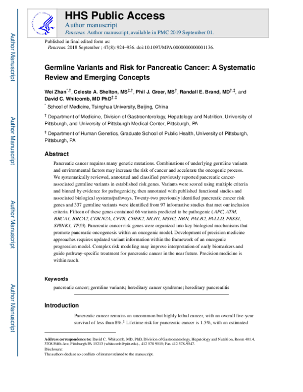 (PDF) Germline Variants and Risk for Pancreatic Cancer: A Systematic ...