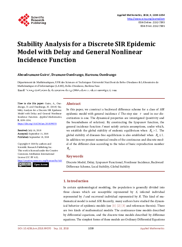 (PDF) Stability Analysis for a Discrete SIR Epidemic Model with Delay ...