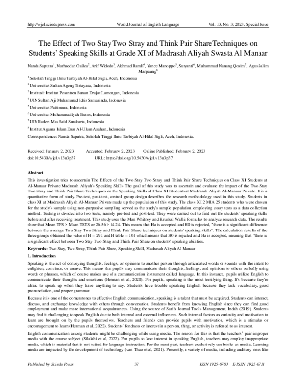 (PDF) The Effect of Two Stay Two Stray and Think Pair Share Techniques ...