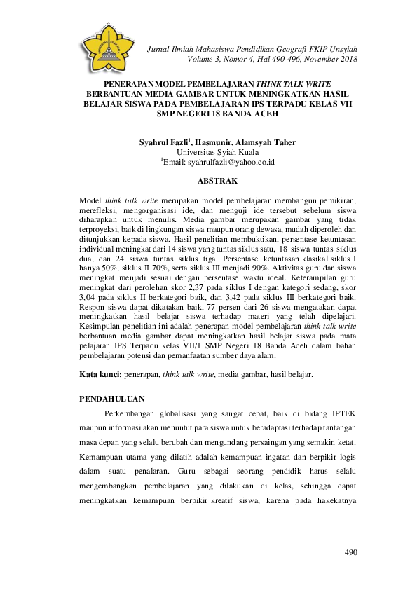 (PDF) Penerapan Model Pembelajaran Think-Talk-Write (TTW) dan ...