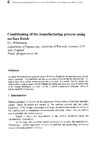 (PDF) Conditioning Of The Manufacturing Process UsingSurface Finish