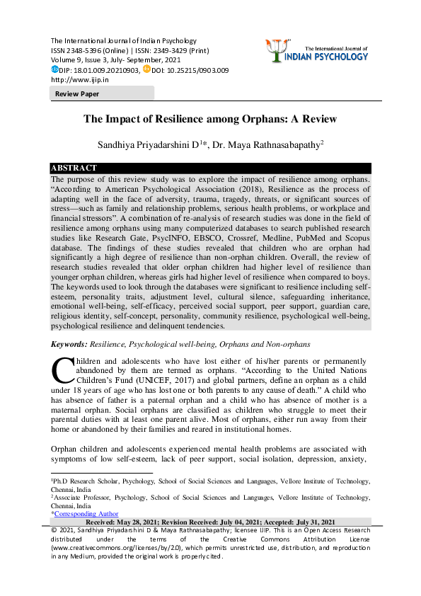 (PDF) The Impact of Resilience among Orphans: A Review