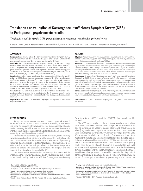 (PDF) Translation and validation of Convergence Insufficiency Symptom ...