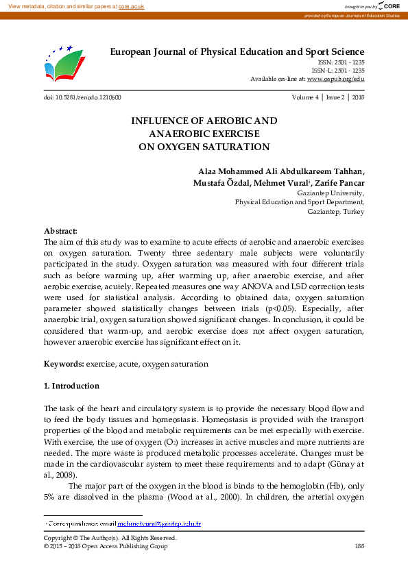 (PDF) Influence Of Aerobic And Anaerobic Exercise On Oxygen Saturation