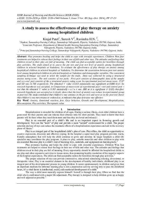 (PDF) A study to assess the effectiveness of play therapy on anxiety ...