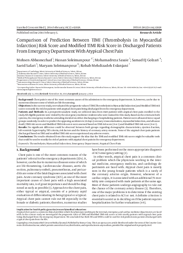 (PDF) Comparison of prediction between TIMI (Thrombolysis in myocardial ...