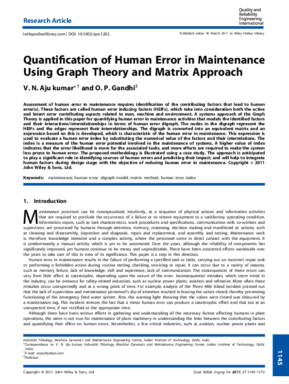 (PDF) Quantification of human error in maintenance using graph theory ...