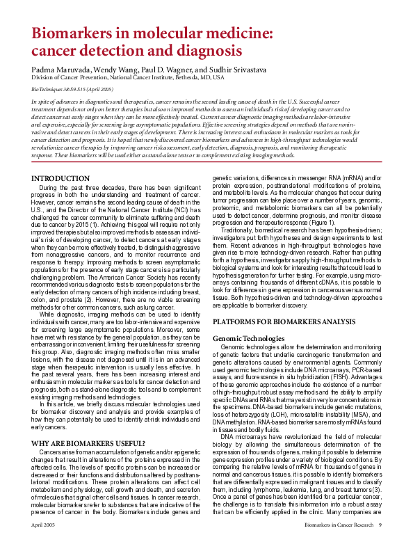 (PDF) Biomarkers in molecular medicine: cancer detection and diagnosis