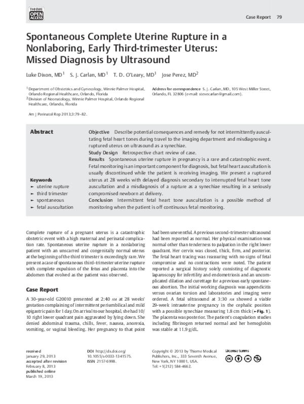 (PDF) Spontaneous Complete Uterine Rupture in a Nonlaboring, Early ...