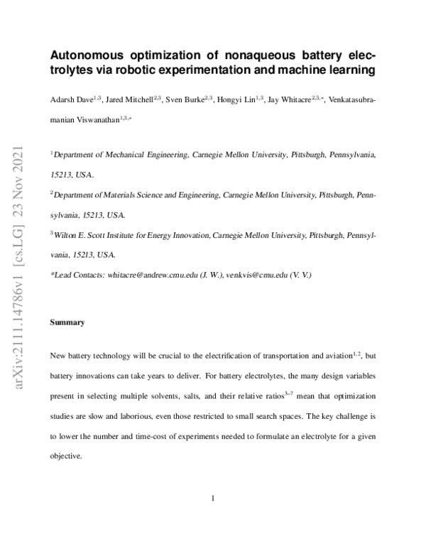 (PDF) Autonomous optimization of nonaqueous battery electrolytes via ...