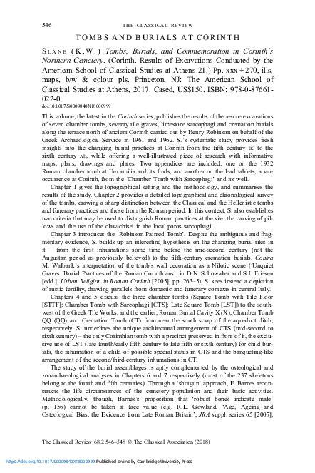 (2018) Review of: (K.W.) Slane Tombs, Burials, and Commemoration in Corinth's Northern Cemetery.