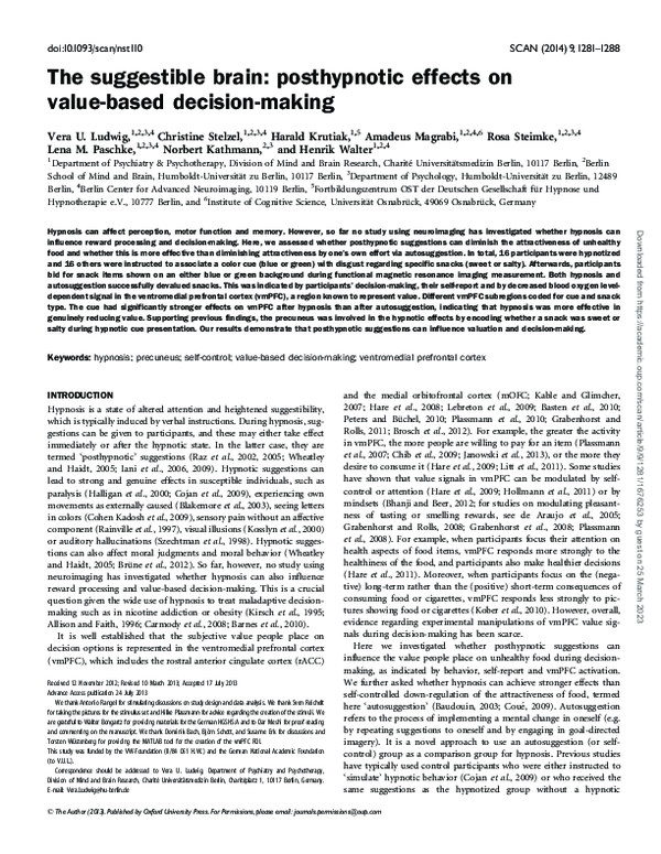 (PDF) The suggestible brain: posthypnotic effects on value-based ...