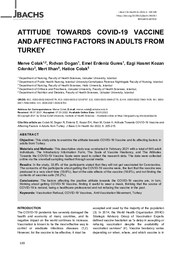 (PDF) Attitude Towards COVID-19 Vaccine and Affecting Factors in Adults ...