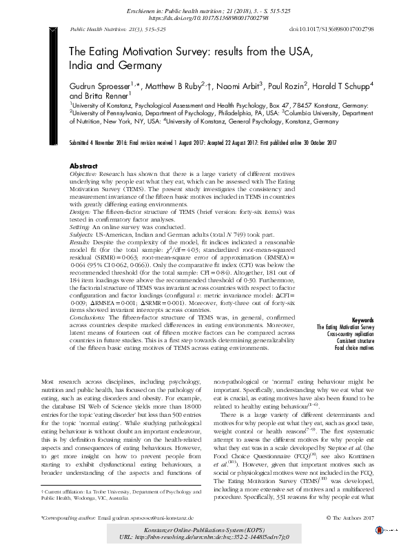 (PDF) The Eating Motivation Survey: results from the USA, India and Germany