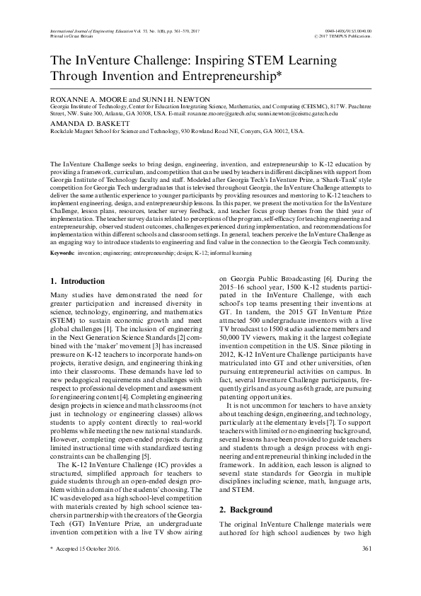 (PDF) The InVenture Challenge: Inspiring STEM learning through ...