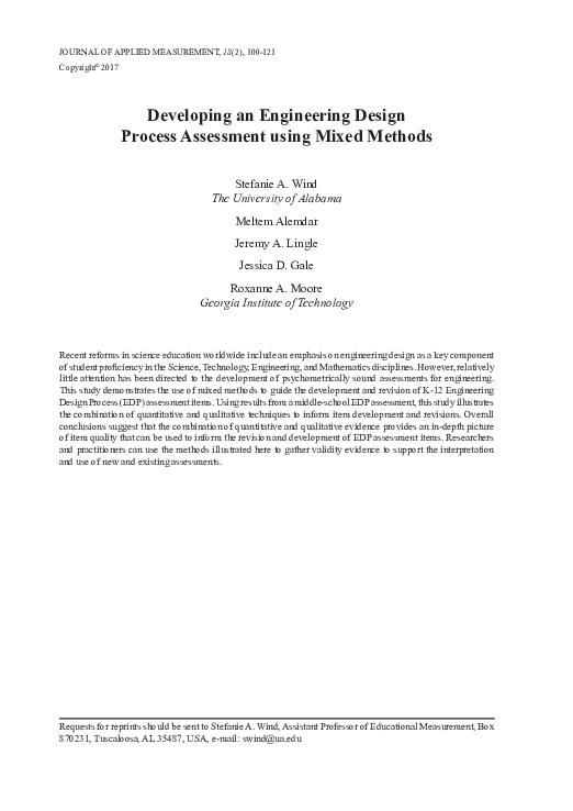 (PDF) Developing an Engineering Design Process Assessment using Mixed Methods Roxanne A Moore