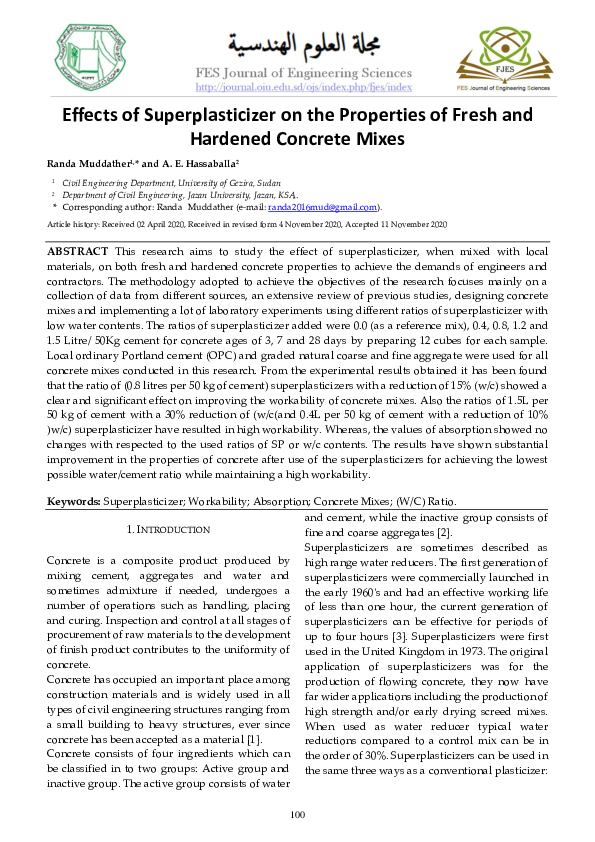 (PDF) Effects of Superplasticizer on the Properties of Fresh and