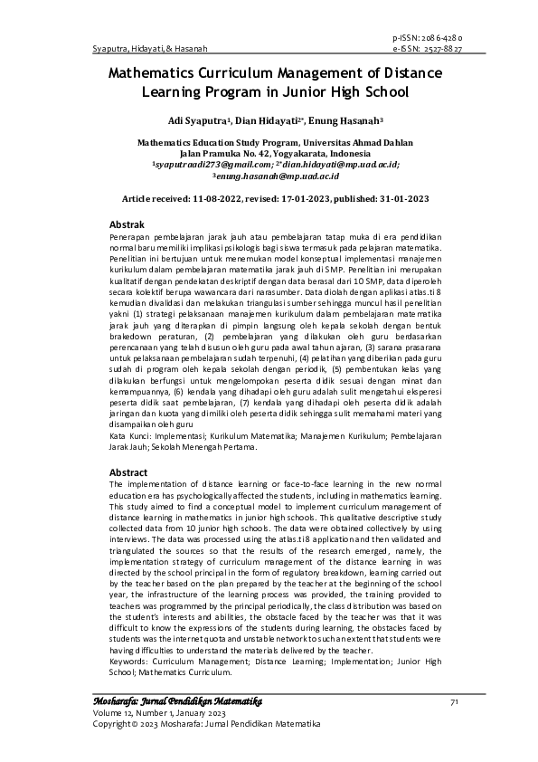 (PDF) Mathematics Curriculum Management of Distance Learning Program in Junior High School