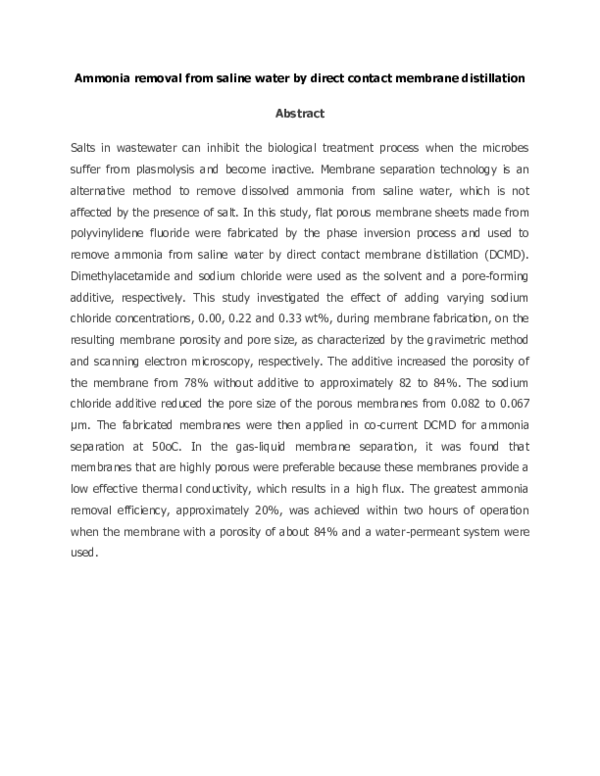 (PDF) Ammonia Removal from Saline Water by Direct Contact Membrane ...