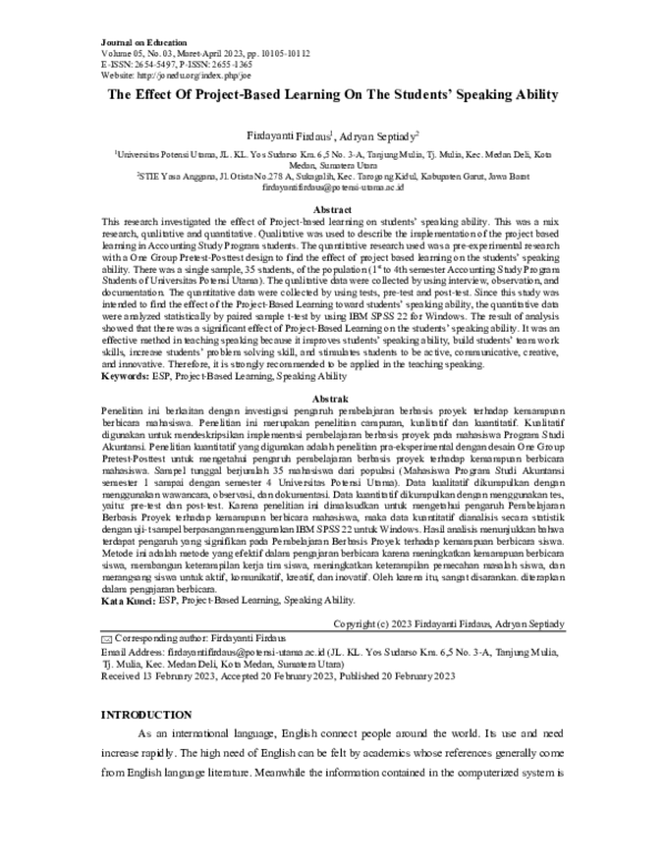 (PDF) The Effect Of Project-Based Learning On The Students’ Speaking ...