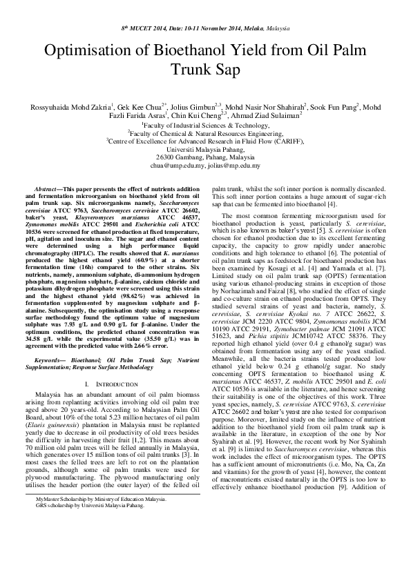 (PDF) Optimisation of Bioethanol Yield from Oil Palm Trunk Sap