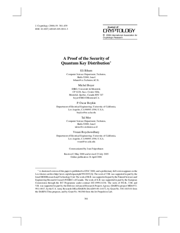 (PDF) A Proof of the Security of Quantum Key Distribution