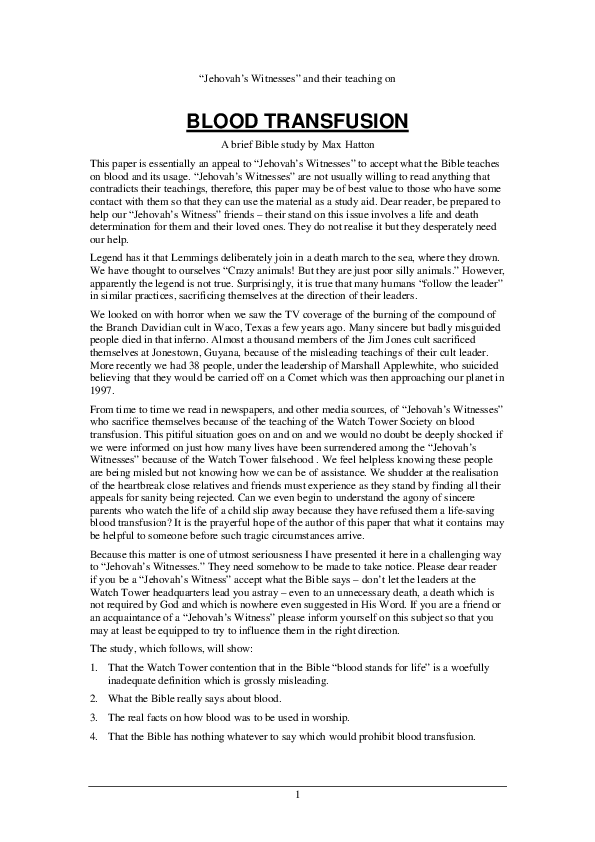 (PDF) Jehovah’s Witnesses and their teaching on Blood Transfusion, by ...