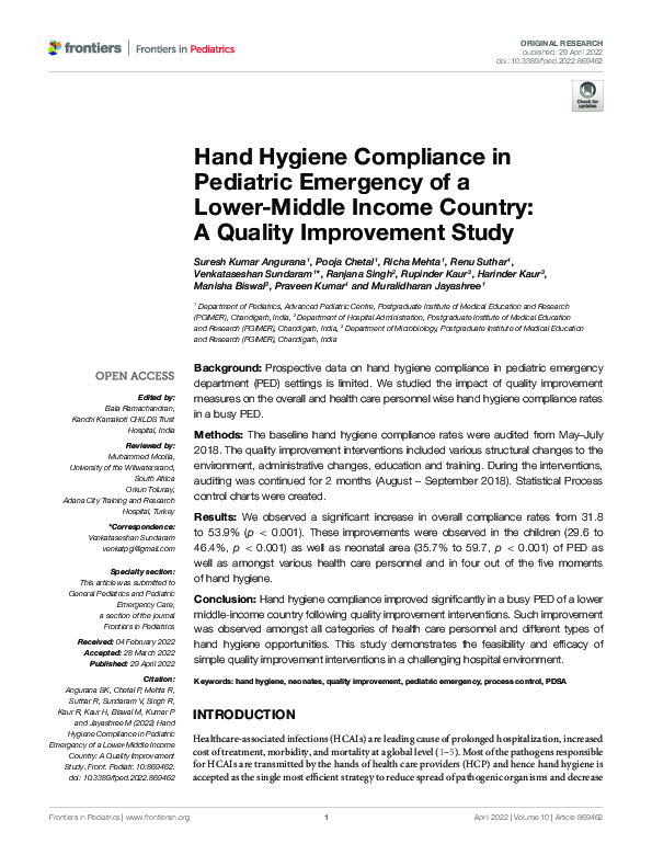 (PDF) Hand Hygiene Compliance in Pediatric Emergency of a Lower-Middle ...