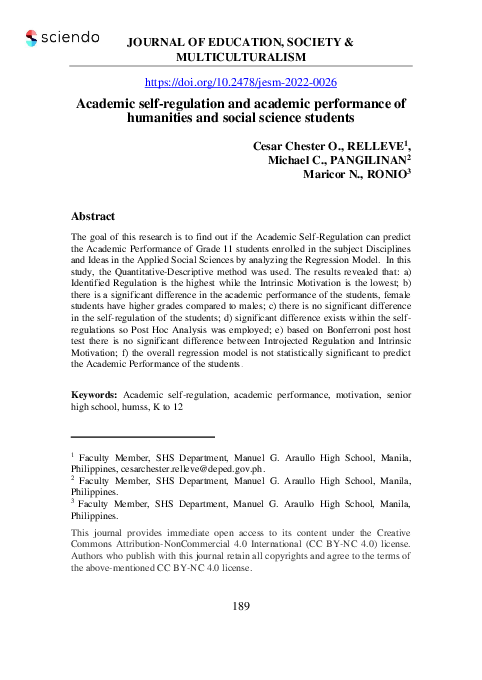 Pdf Academic Self Regulation And Academic Performance Of Humanities