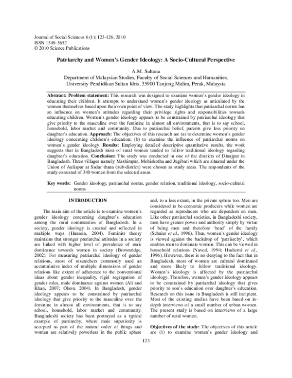 (PDF) Patriarchy and Women's Gender Ideology: A Socio-Cultural Perspective