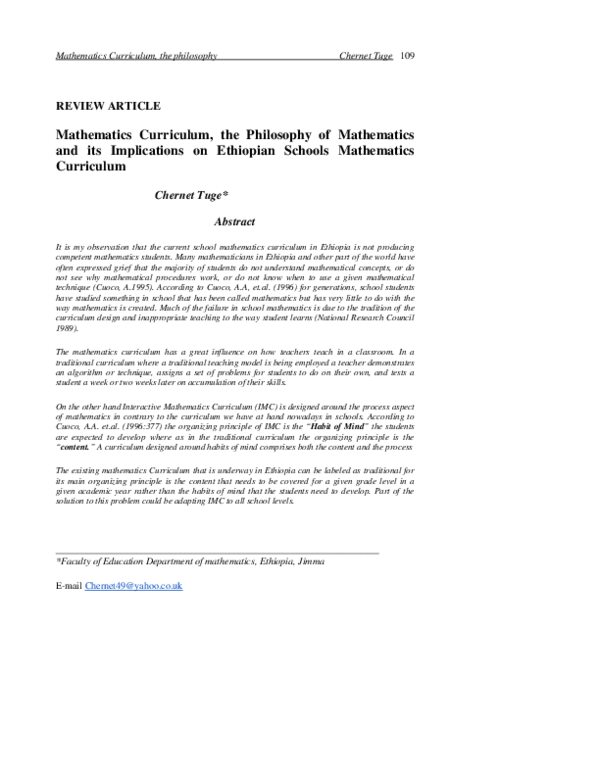 (PDF) Mathematics Curriculum, the Philosophy of Mathematics and its ...