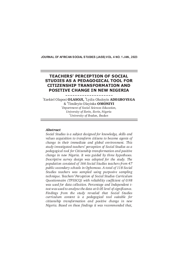 (PDF) TEACHERS' PERCEPTION OF SOCIAL STUDIES AS A PEDAGOGICAL TOOL FOR ...