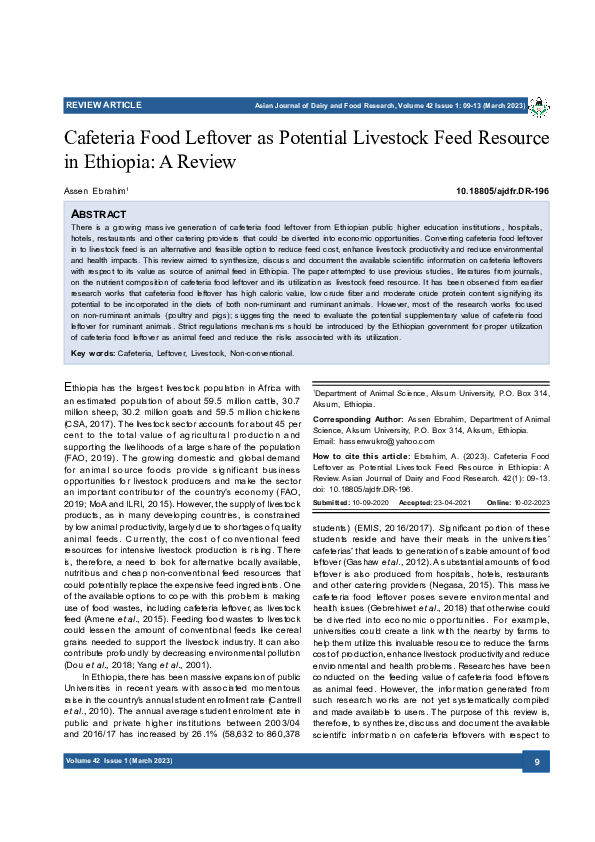 (PDF) Cafeteria Food Leftover as Potential Livestock Feed Resource in