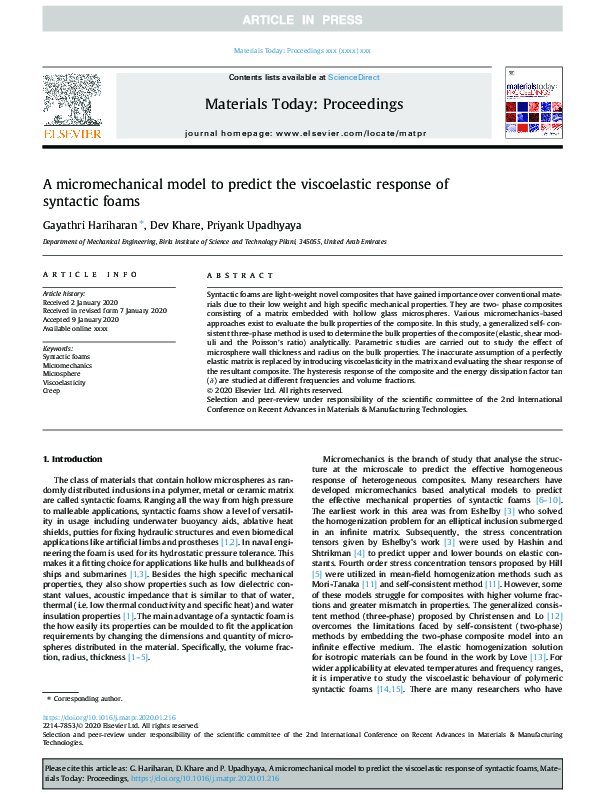 (PDF) A micromechanical model to predict the viscoelastic response of ...