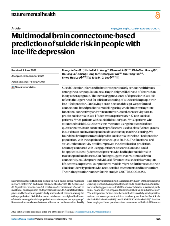 (PDF) Multimodal brain connectome-based prediction of suicide risk in ...