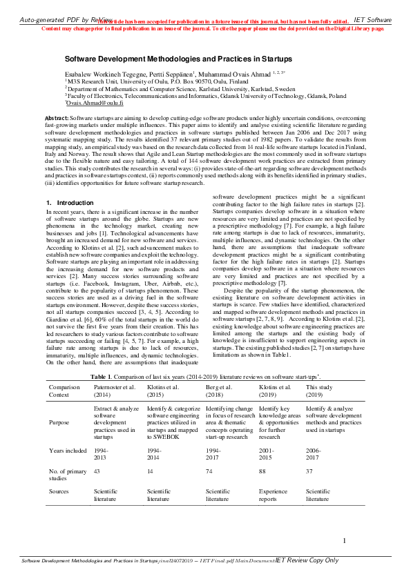 (PDF) Software Development Methodologies and Practices in Startups