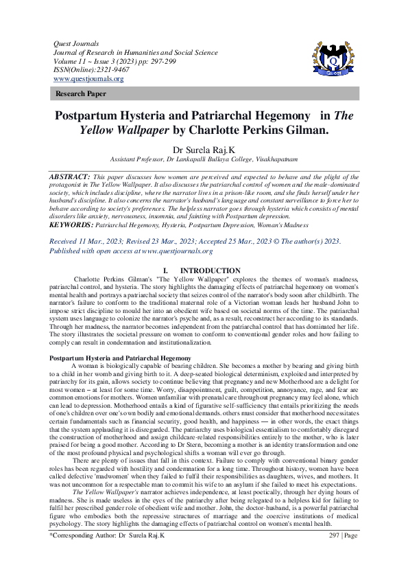 (PDF) Postpartum Hysteria and Patriarchal Hegemony in The Yellow