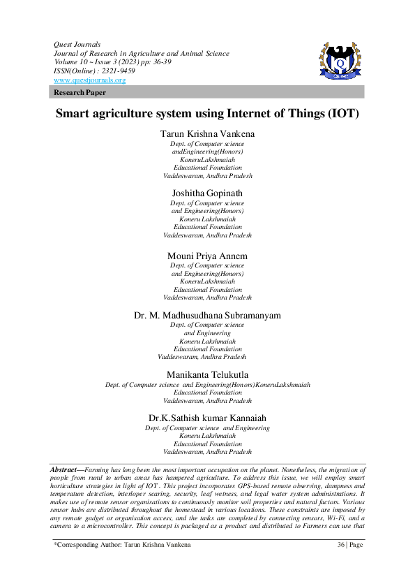 (PDF) Smart agriculture system using Internet of Things (IOT