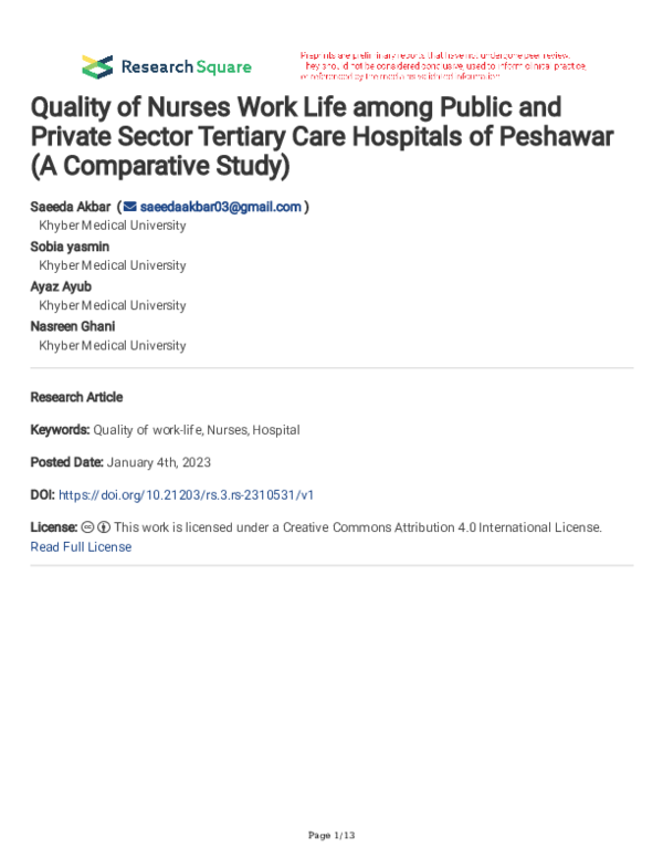 (PDF) Quality of Nurses Work Life among Public and Private Sector ...