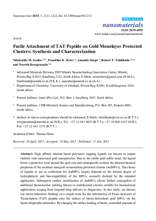 (PDF) Facile Attachment of TAT Peptide on Gold Monolayer Protected ...