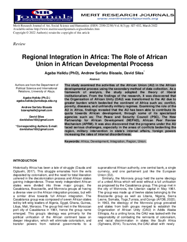 (PDF) Regional Integration in Africa: The Role of African Union in ...