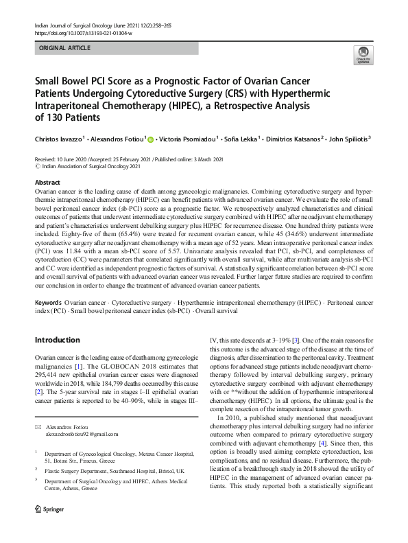 (PDF) Small Bowel PCI Score as a Prognostic Factor of Ovarian Cancer ...