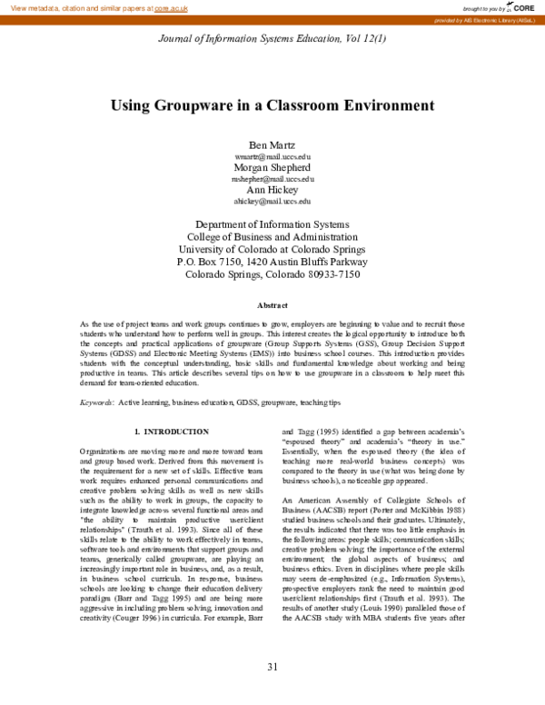 (PDF) Using Groupware in a Classroom Environment