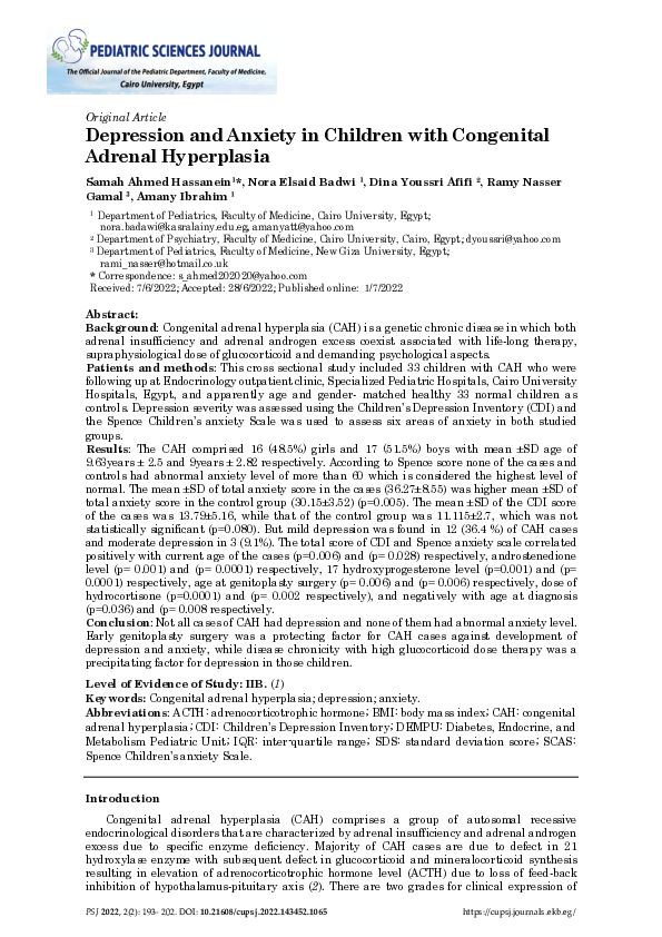 (PDF) Depression and Anxiety in Children with Congenital Adrenal ...