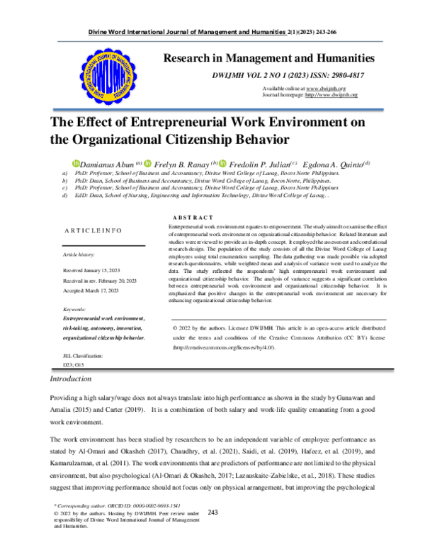 (PDF) The Effect of Entrepreneurial Work Environment on the ...