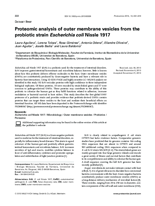 (PDF) Proteomic analysis of outer membrane vesicles from the probiotic ...