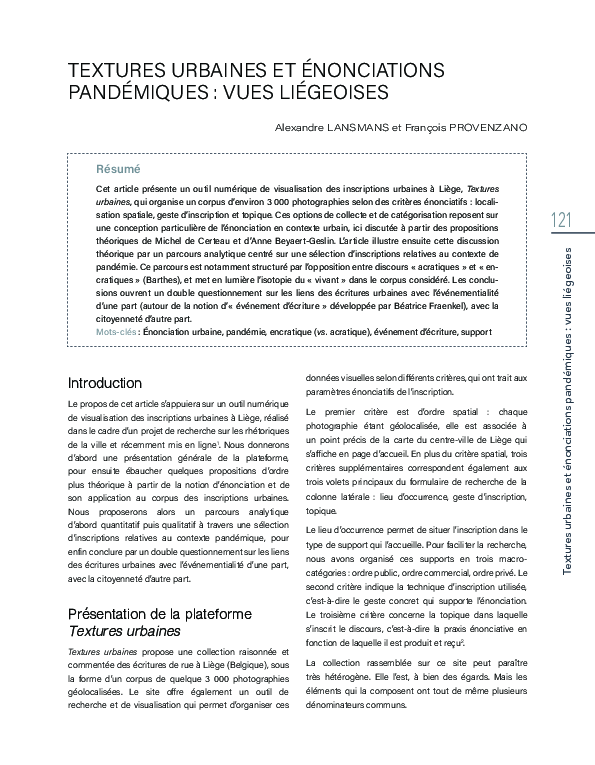 (PDF) Textures urbaines et énonciations pandémiques : vues liégeoises
