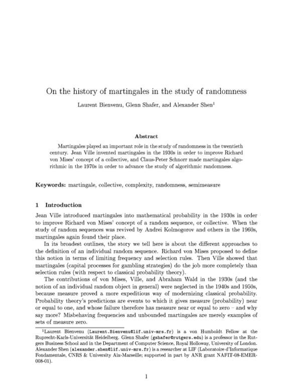 (PDF) On the history of martingales in the study of randomness