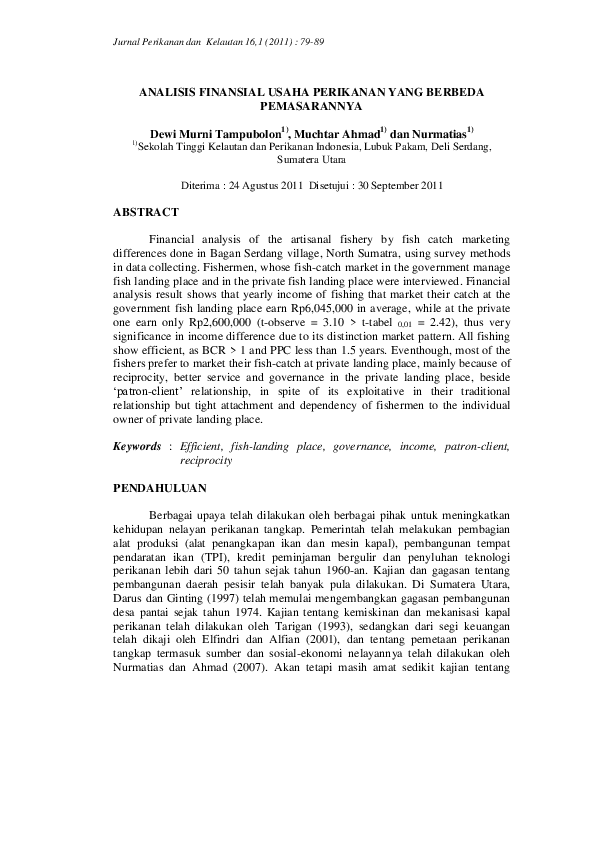 Pdf Analisis Finansial Usaha Perikanan Yang Berbeda Pemasarannya